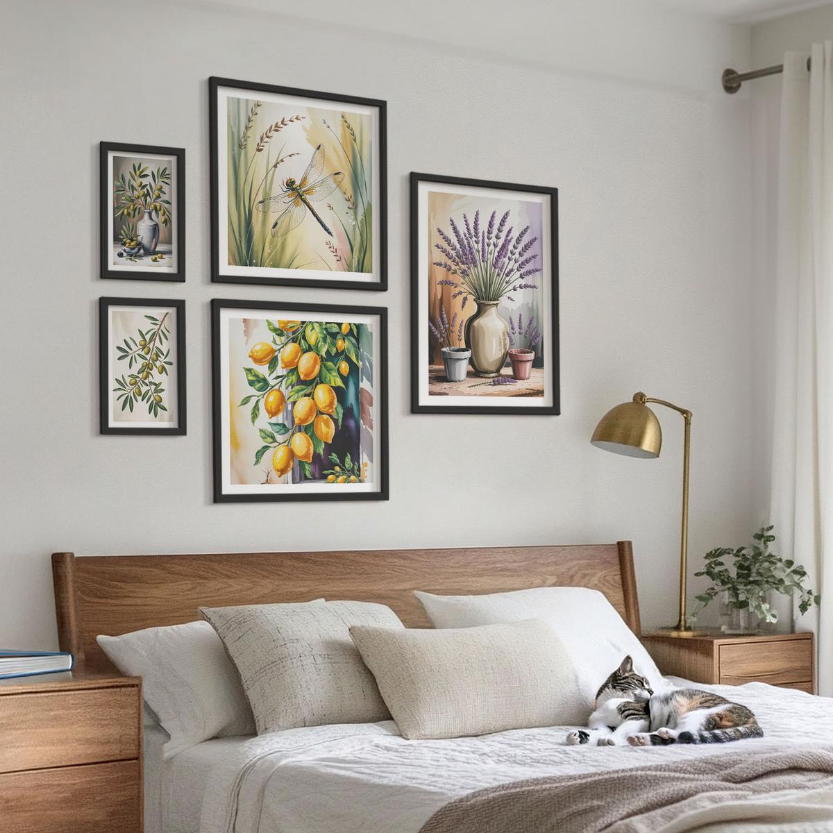 BILDER SET 5er Set - 50x50 cm & 20x30 cm & 40x60 cm Schwarzer Rahmen - Lavendelblüten und Architektur - Schwarz, Kunststoff (40/60cm) - TULUP