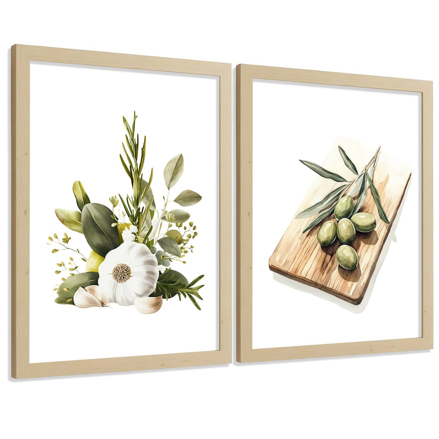 POSTER 2er Set Küchen-Wandbilder Knoblauch Kräuter und Oliven Mediterranes Aquarell Esszimmer Wanddeko Rahmenlos A3 - Klar, Papier (29.7/1/42cm) - Nacnic