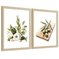 POSTER 2er Set Küchen-Wandbilder Knoblauch Kräuter und Oliven Mediterranes Aquarell Esszimmer Wanddeko Rahmenlos A4 - Klar, Papier (29.7/1/21cm) - Nacnic