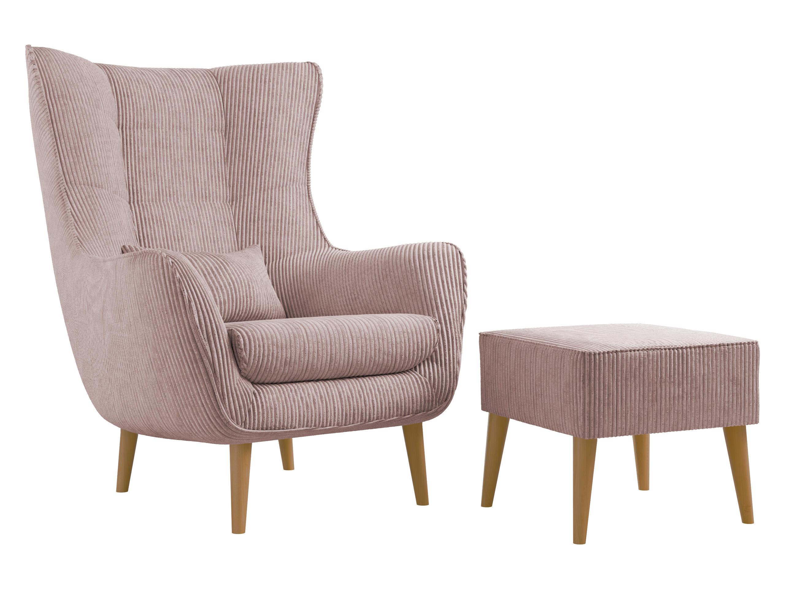 SESSEL Estjano Cord mit Fußbank - Hellrosa/Beige, Holz/Textil (80/106/95cm) - MIRJAN24