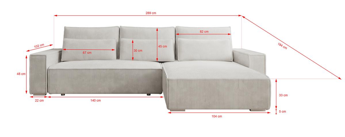 ECKSOFA Alice mit Bettkasten und Schlaffunktion, Cordstoff in L-Form - Creme, Textil (289/184cm)