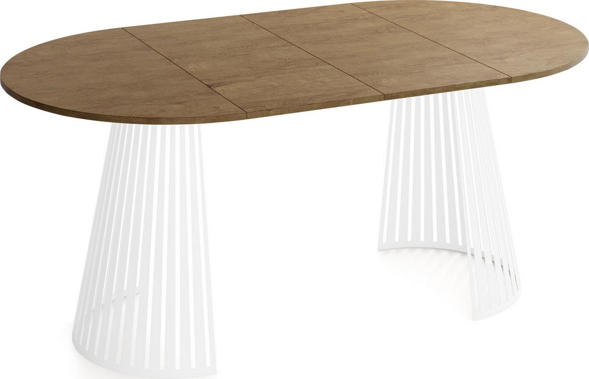 ESSTISCH Naro rund ausziehbar mit Weißem Lamellen-Metallgestell, Braun 120-200/120/76 cm - Alteiche/Weiß, Holzwerkstoff/Metall (120/196/76cm) - WFL GROUP