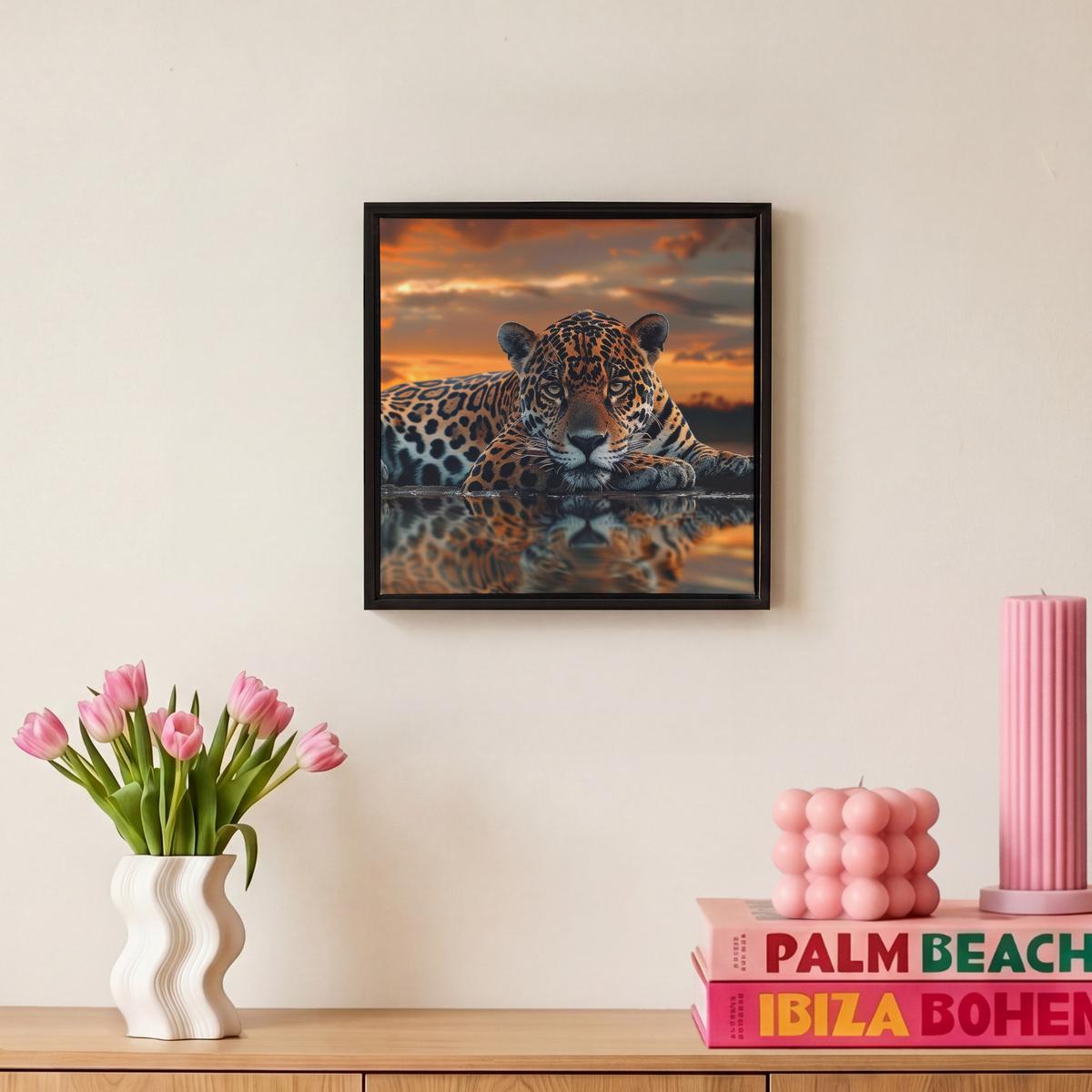 LEINWAND Bilder mit Rahmen - Natur - Leopard - Tier - Sonnenuntergang - Modern - 20x20 - Orange, Textil (20/20cm) - MuchoWow