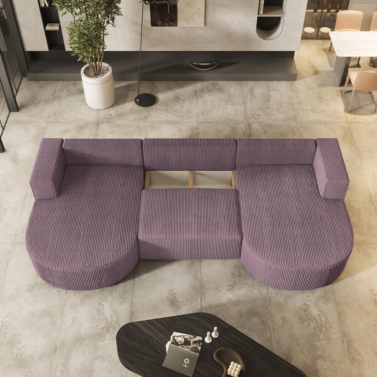WOHNLANDSCHAFT VEZZO P Lila Kordstoff mit Schlaffunktion - Lila/Grau, Holz/Kunststoff (347/85/174cm) - MASSENO
