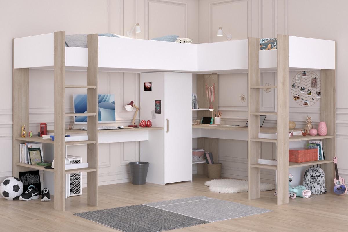 HOCHBETT weiß, Eiche, Kinderzimmer mit 2x Bett Liegefläche 90 x 200 cm - Eichefarben/Silberfarben, Holzwerkstoff/Kunststoff (90/200cm) - Parisot Meuble