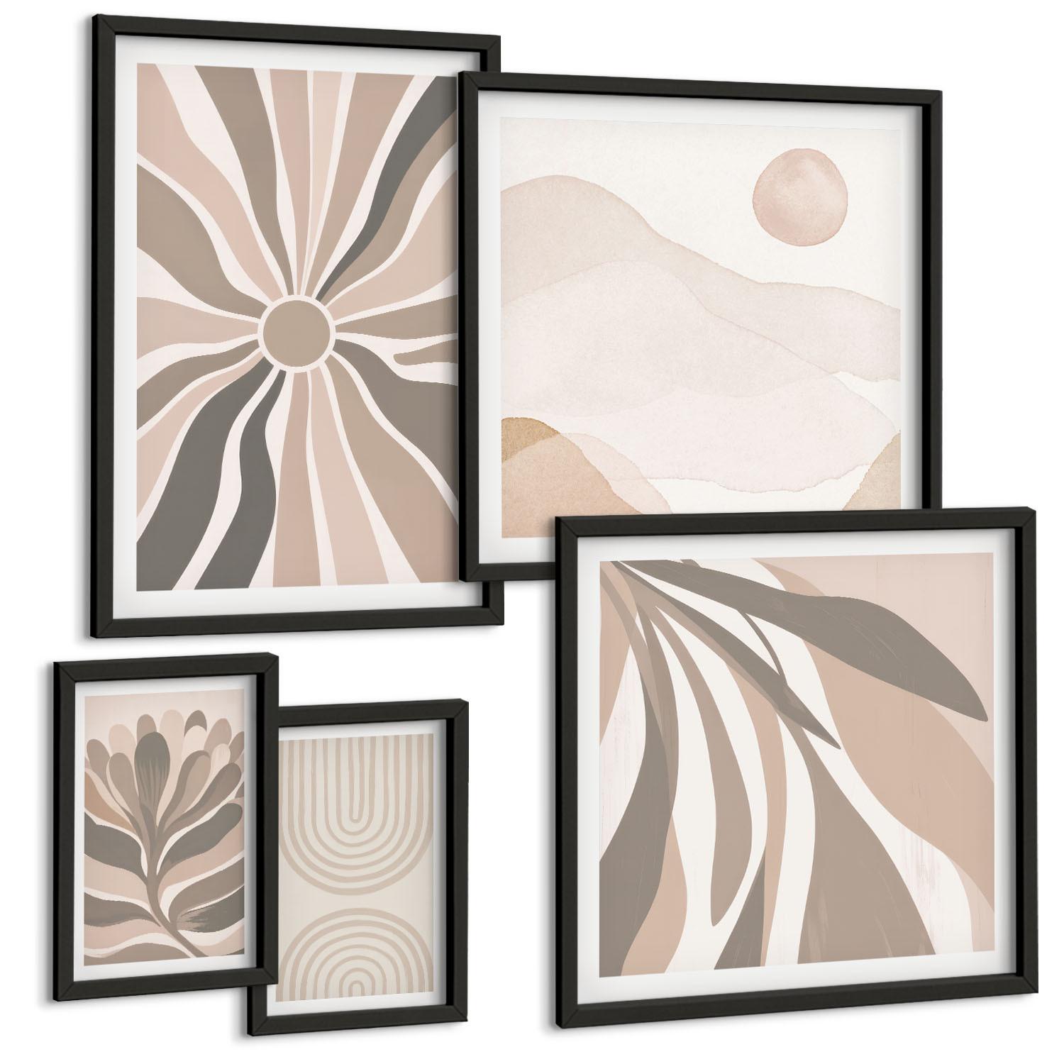 BILDER SET 5er Set - 50x50 cm & 20x30 cm & 40x60 cm Schwarzer Rahmen - Abstrakte Pflanzenmuster - Schwarz, Kunststoff (40/60cm) - TULUP