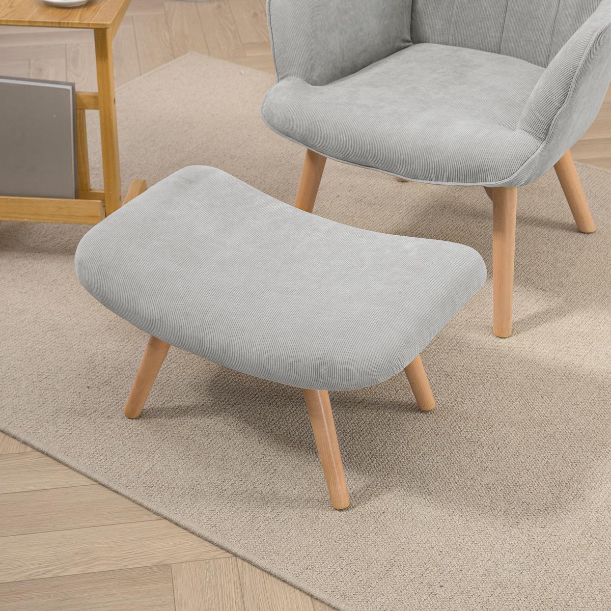 OHRENSESSEL mit Hocker, Relaxsessel, Polstersessel in Cord-Optik, mit Holzbeine - Naturfarben/Grau, Holz/Buchenholz (72/101/80cm) - HOMCOM