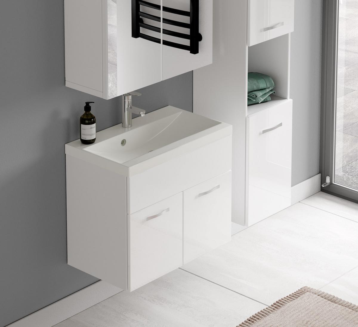 BADMÖBEL-SET Montreal 4 Teile Spiegelschrank Weiß Hochglanz - 60 x 35 x 51 cm - Weiß, Holz (60/51/35cm) - Badplaats