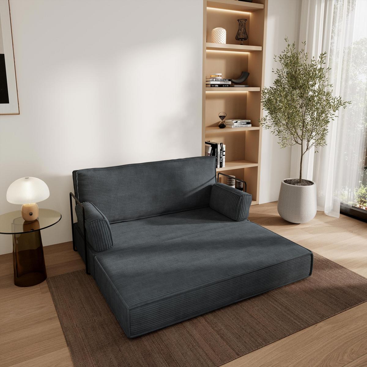 BETTSOFA LADIA aus Schaumstoff Kordstoff Grau Schlaffunktion - Dunkelgrau, Textil (140/86/60cm) - MASSENO