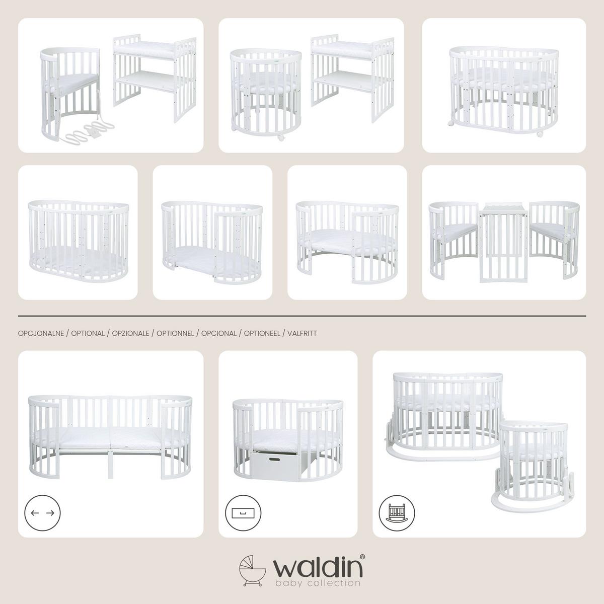BABYBETT Weiß Oval 7in1 mit Matratze und Himmelset - Weiß, Holz/Textil (73/124cm) - waldin