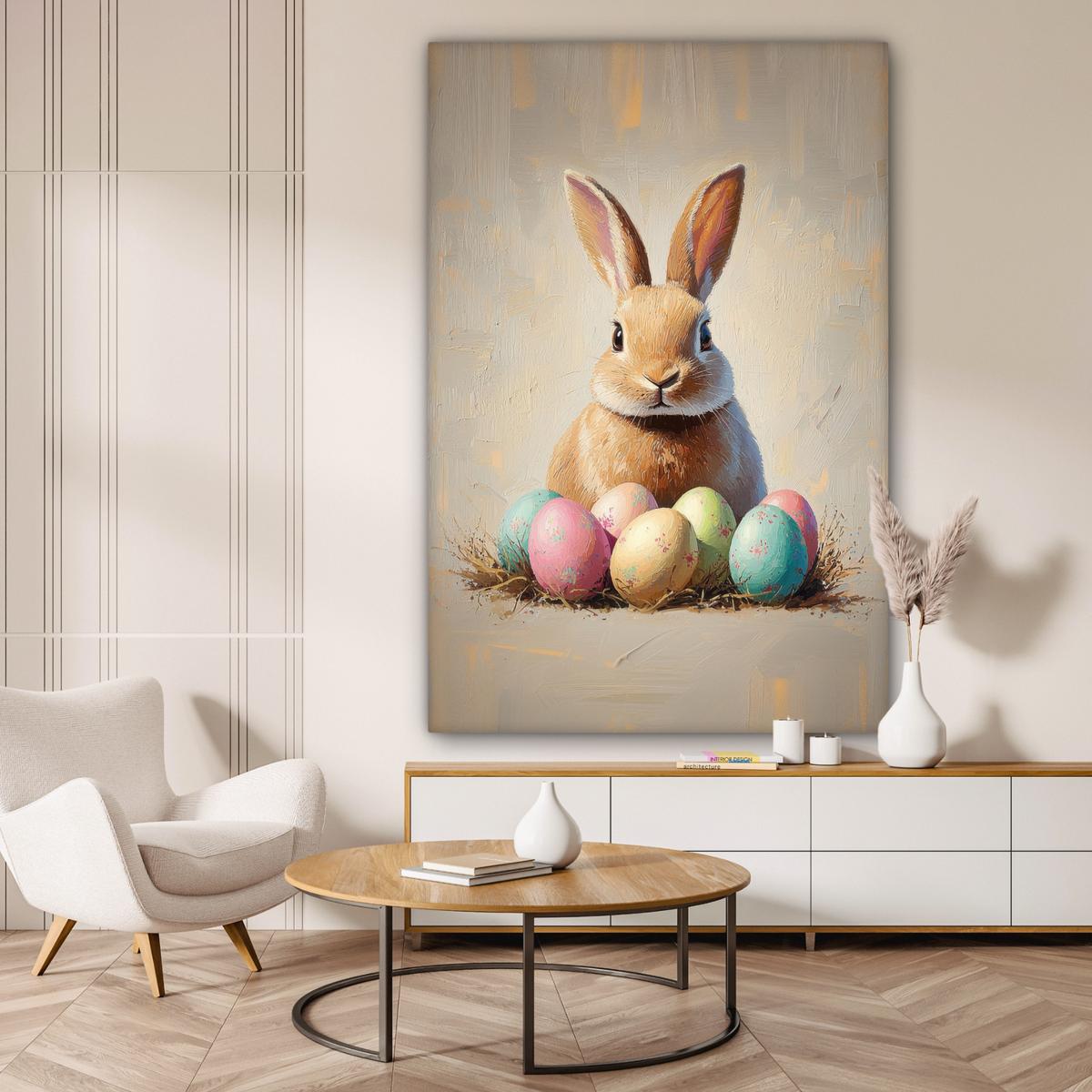 LEINWANDBILD Osterhase - Pastell - Eier Deko Groß 90x140 cm - Beige, Textil (90/140cm) - MuchoWow