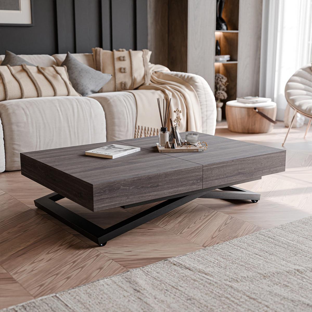 COUCHTISCH SANELLE ausziehbar mit Liftfunktion, 120/80/76 cm Schwarz / Sherman-Eiche - Anthrazit/Schwarz, Holzwerkstoff/Metall (80/120/27cm) - Idohome