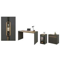SCHREIBTISCHKOMBINATION 6-teilig grau matt, Eiche Wotan, Büromöbel Set mit viel Stauraum - Eichefarben/Schwarz, Holzwerkstoff/Kunststoff (140/263/200cm) - Furn.Design
