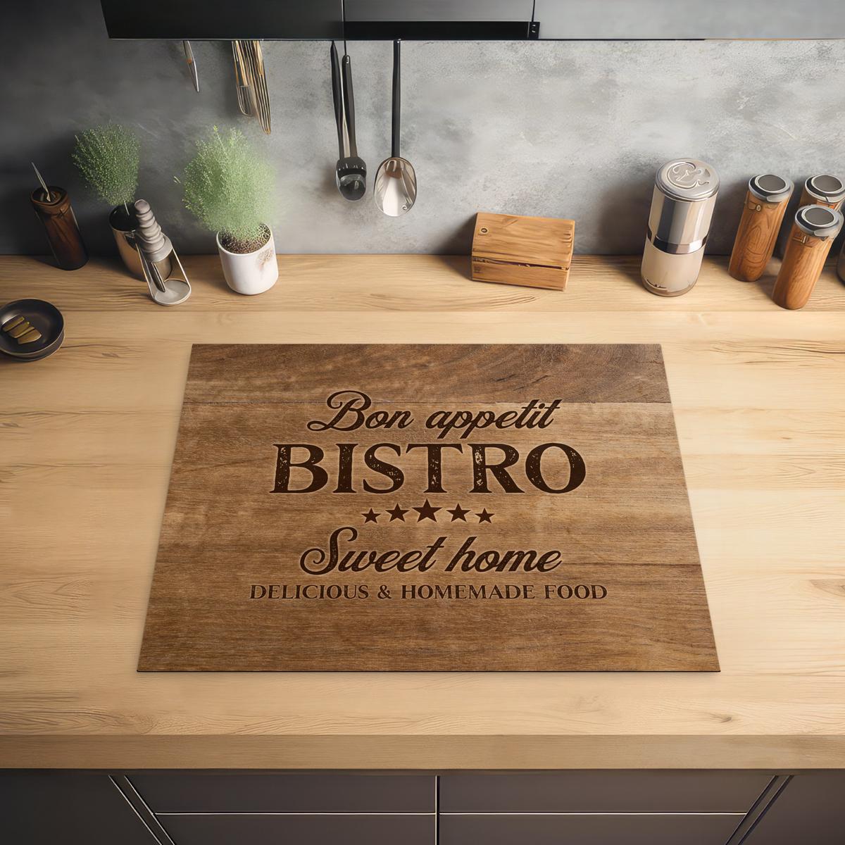 HERDABDECKPLATTE Zitat - Bistro - Guten Appetit - Süßes Zuhause - Holzmaserung Herdabdeckung Induktionsfeld 65x52 cm - Braun, Kunststoff (65/52/0.2cm) - MuchoWow