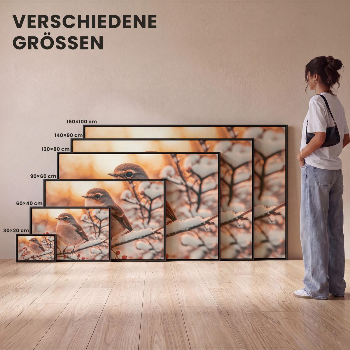 LEINWAND Bilder mit Rahmen - Vogel - Zweig - Winter - Tiere - Schnee - 140x90 - Bernsteinfarben, Textil (140/90cm) - MuchoWow