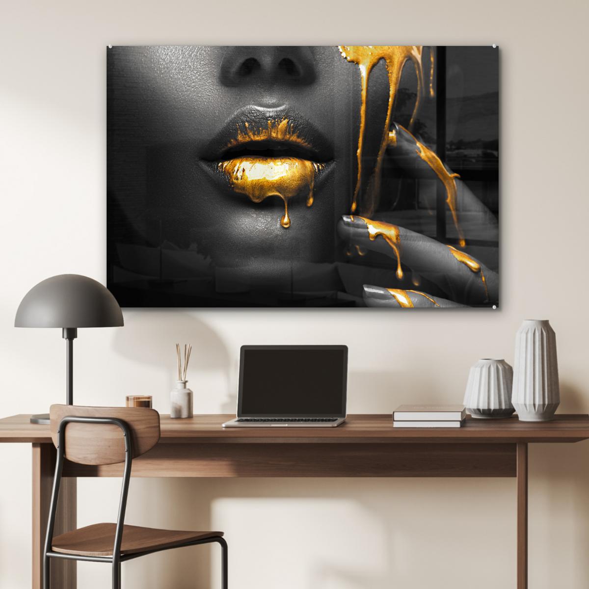 ACRYLGLASBILD Frau - Schwarz - Gold - Gesicht - Lippen Room Decor 90x60 cm - Goldfarben, Glas (90/60cm) - MuchoWow