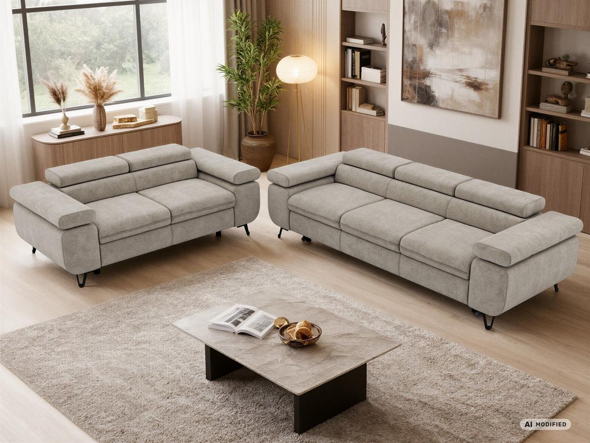 SITZGARNITUR PETERS 2+3 - Greige Stukture - Greige/Schwarz, Textil/Metall (262/76/99cm) - MKS