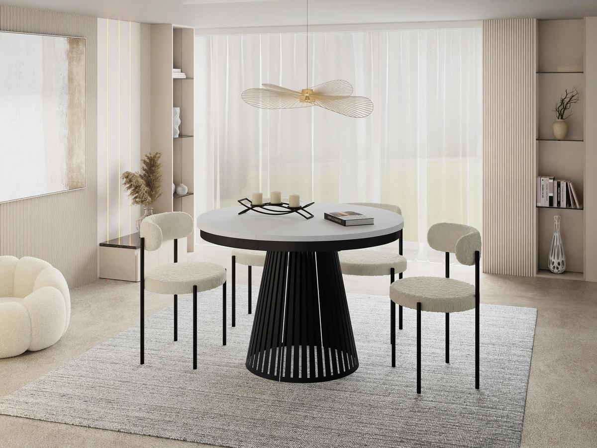 ESSTISCH Naro rund ausziehbar mit Schwarzem Lamellen-Metallgestell, Weiß 100-180/100/76 cm - Schwarz/Weiß, Holzwerkstoff/Metall (100/176/76cm) - WFL GROUP