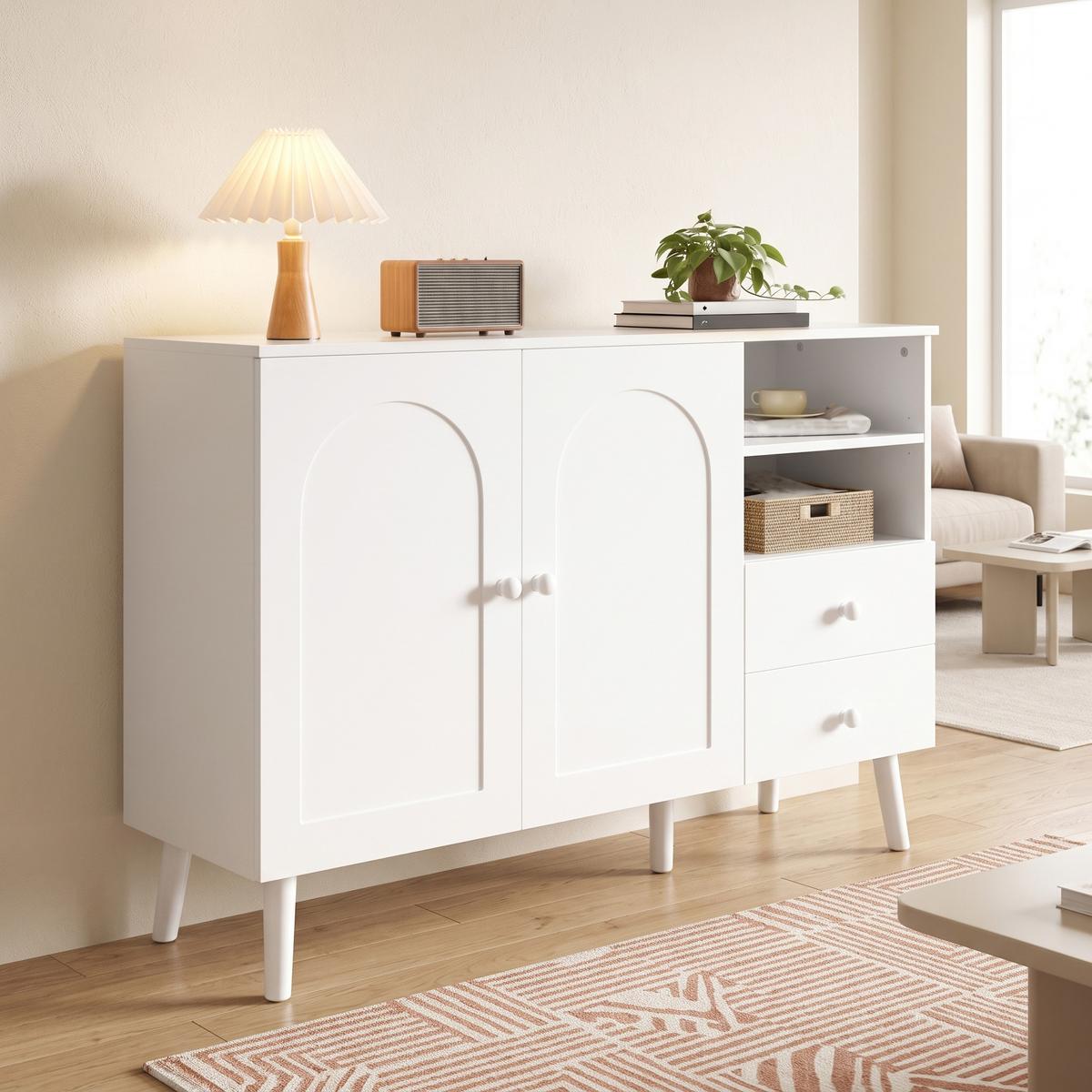 SIDEBOARD 118cm mit gewölbten Türen, 2 Schubladen, für Wohnzimmer - Weiß, Holzwerkstoff (118/82/35cm) - Urban Meuble