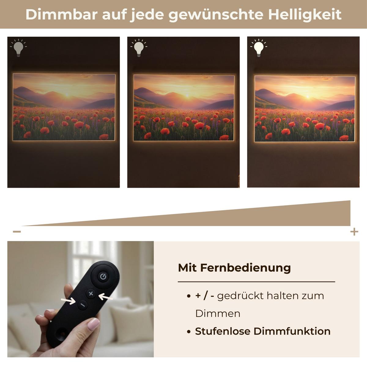 WANDLEUCHTE MIT AKKU Landschaft - Sonnenuntergang - Blumenfeld 100x70 cm - Rot, Holzwerkstoff (100/70/8cm) - OnlyWow