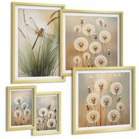 BILDER SET 5er Set - 50x50 cm & 20x30 cm & 40x60 cm Goldrahmen - Weiße Löwenzahnblüten auf hellem Hintergrund - Goldfarben, Kunststoff (40/60cm) - TULUP
