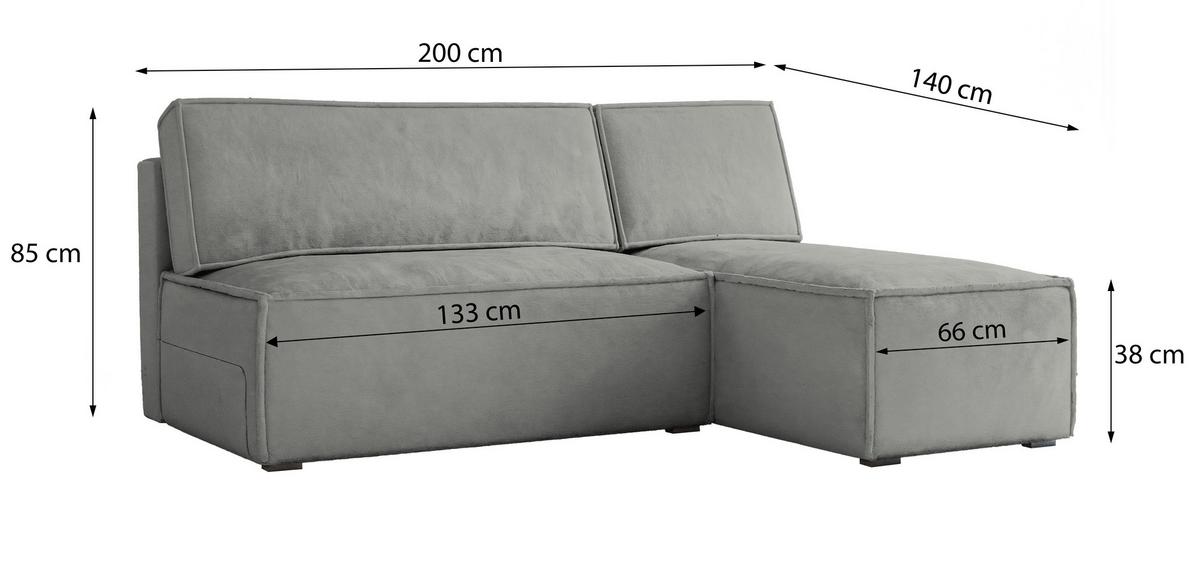 ECKSOFA BRISO M Grau Velours-Stoff mit Schlaffunktion - Grau, Holz/Kunststoff (200/140cm) - MASSENO