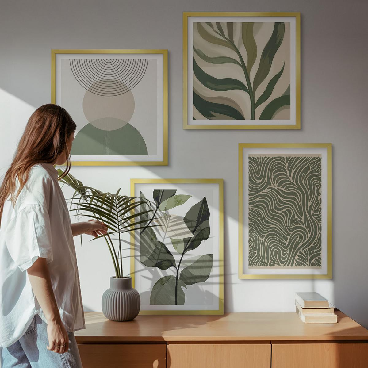 BILDER SET 4er Set - 50x50 cm & 40x60 cm Goldrahmen - Blätter geometrische Formen abstrakt - Goldfarben, Kunststoff (50/50cm) - TULUP
