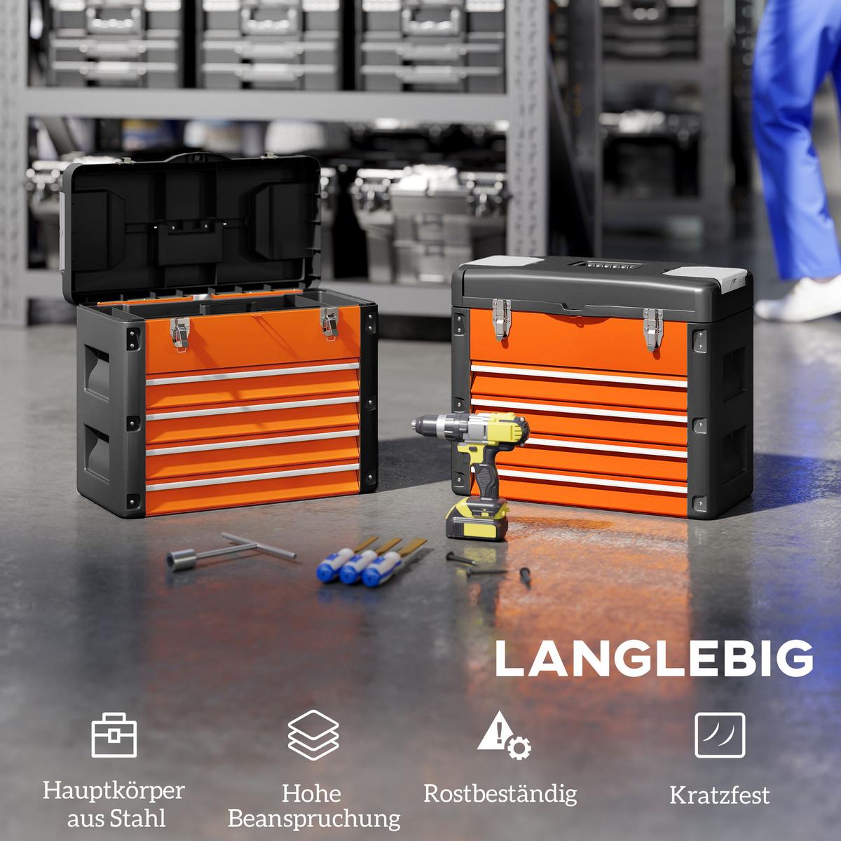 WERKZEUGKISTE leer, 49,7 x 25,3 x 40,7 cm Werkzeugkasten mit 4 Schubladen - Orange, Metall (25.3/40.7/49.7cm) - HOMCOM