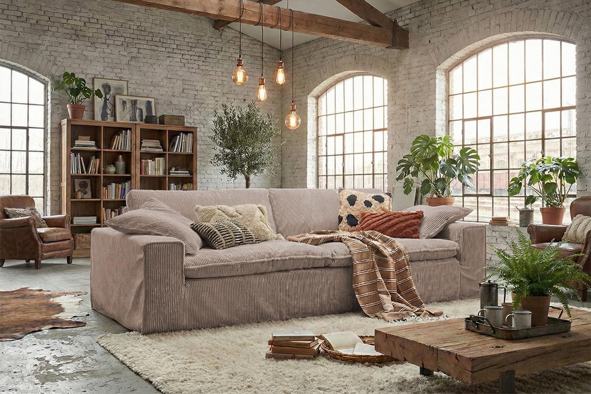 SOFA NETTA Taupe Cord - Taupe/Braun, Birkenholz/Textil (226/90/116cm) - KAWOLA