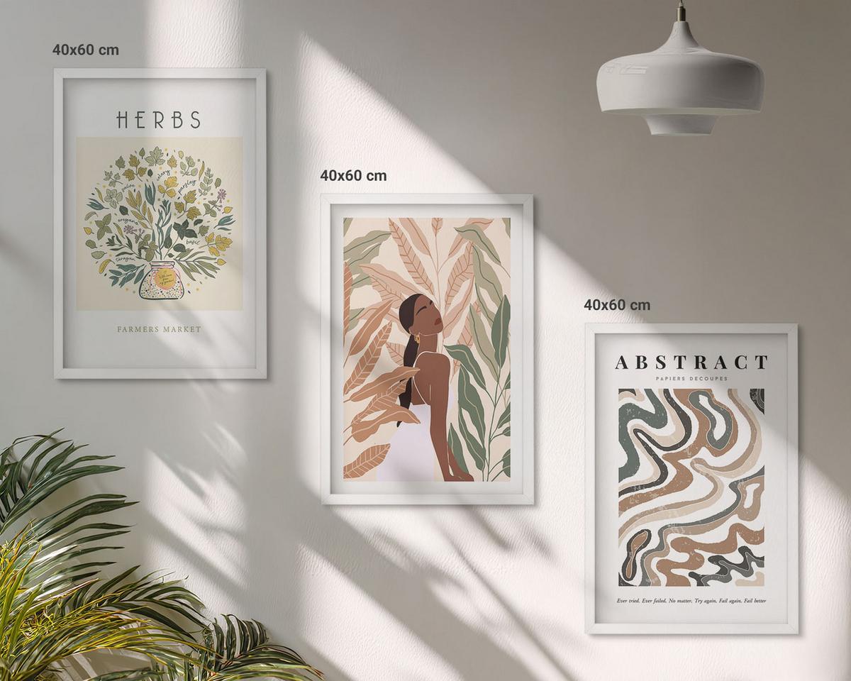 BILDER SET 3er Set - 40x60 cm Weißer Rahmen - Boho-Pastell-Minimalisten-Poster - Weiß, Kunststoff (40/60cm) - TULUP