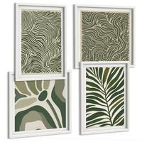 BILDER SET 4er Set - 50x50 cm & 40x60 cm Weißer Rahmen - Blattmuster und wellenförmige Formen - Weiß, Kunststoff (50/50cm) - TULUP