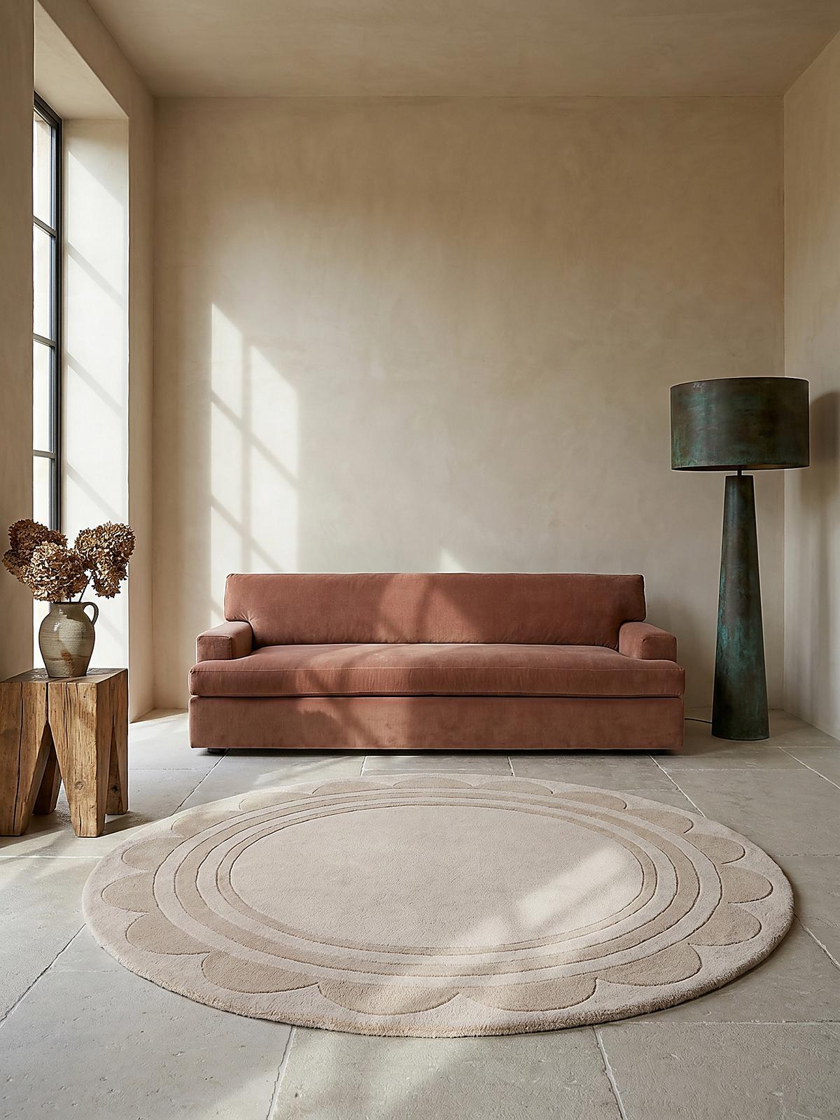 WOLLTEPPICH WENSUM, mit grafischem Muster mit Rahmen, Beige, Ø 120 cm - Beige, Textil (120/120cm) - KADIMA DESIGN