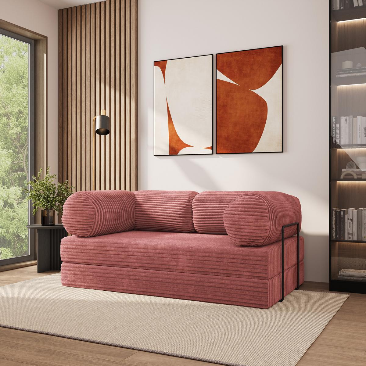 BETTSOFA ALVIO aus Schaumstoff Kordstoff Rosa Schlaffunktion - Rosa, Textil (170/68/80cm) - MASSENO