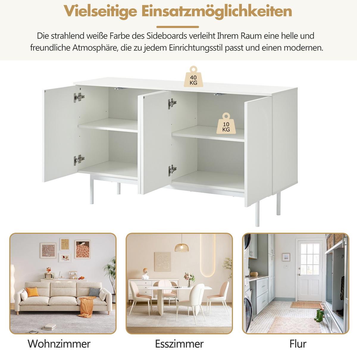 SIDEBOARD mit Druck-zu-Öffnen Türen, 140/42/80cm - Weiß, Holzwerkstoff (140/80/42cm) - Urban Meuble