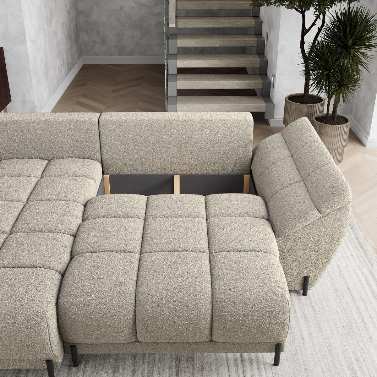 ECKSOFA VESTANO L-S Beige Boucle-Stoff mit Schlaffunktion - Beige, Holz (287/182cm) - MASSENO