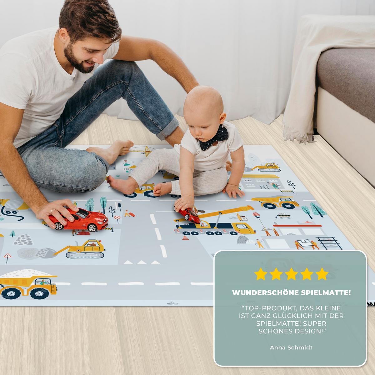 KINDERTEPPICH Baustelle - Traktor - Bagger - Auto - Design Spielmatte 135x90 cm - Hellblau, Kunststoff (135/0.3cm) - OnlyWow