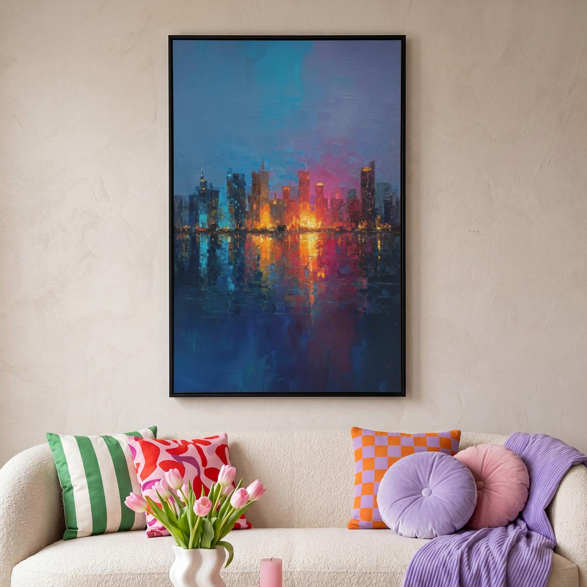 LEINWAND Bilder mit Rahmen - Skyline - Pinselstriche - Dunkelblau - Leuchtend - 80x120 - Blau, Textil (80/120cm) - MuchoWow