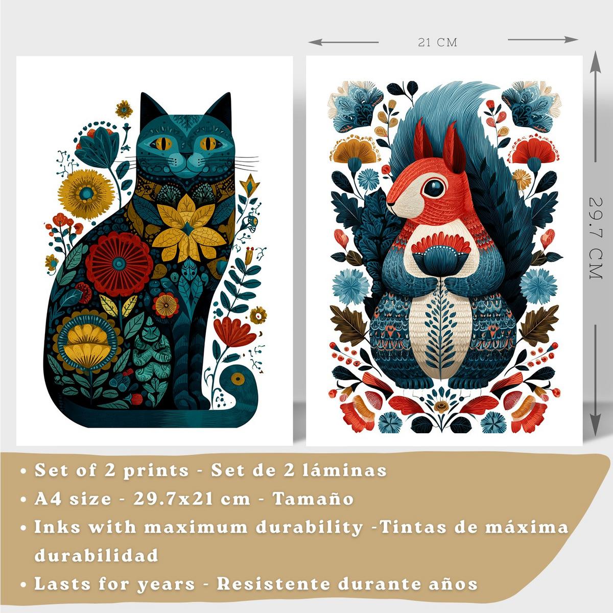 POSTER 2er-Set moderne Kunstdrucke im Folk-Stil, Katzen Eichhörnchen-Dekorationsbilder, farbenfrohe Blumenposter für Wohnzimmer Leichter Holzrahmen A4 - Beige, Papier (29.7/21/3cm) - Nacnic