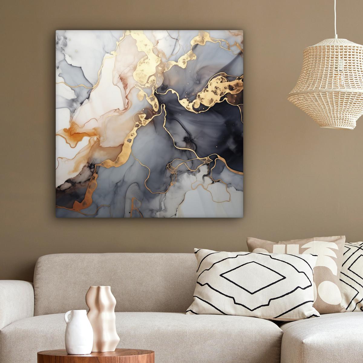 LEINWANDBILD Marmor - Schwarz - Gold - Weiß Deko Groß 90x90 cm - Dunkelgrau, Textil (90/90cm) - MuchoWow
