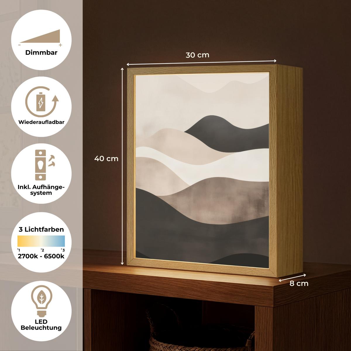 WANDLEUCHTE MIT AKKU Abstrakt - Landschaft - Wellen - Cremefarben 30x40 cm - Graubraun, Holzwerkstoff (30/40/8cm) - OnlyWow