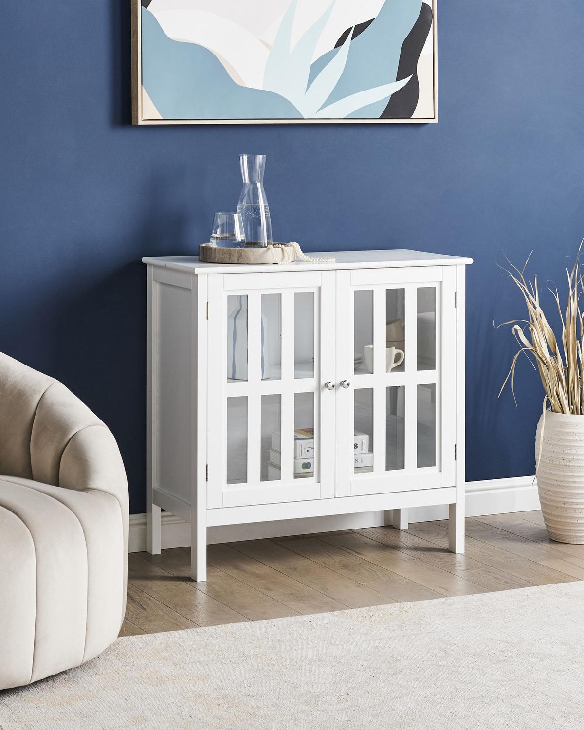 SIDEBOARD mit Glastüren 80 cm Weiß Miram - Weiß, Holzwerkstoff (80/78/36cm) - Beliani