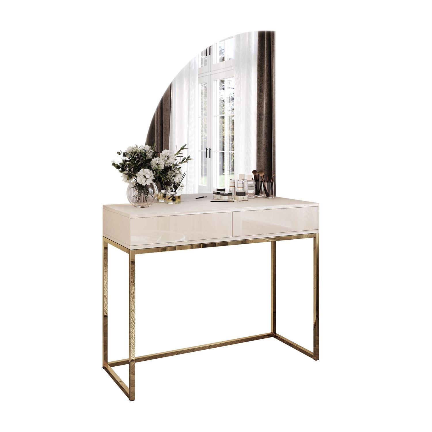 SCHMINKTISCH QUINNIE KASCHMIR mit LED-Spiegel gold Chrom links PUSH OPEN - Kaschmir/Goldfarben, Holzwerkstoff (100/175/42cm) - Lookway