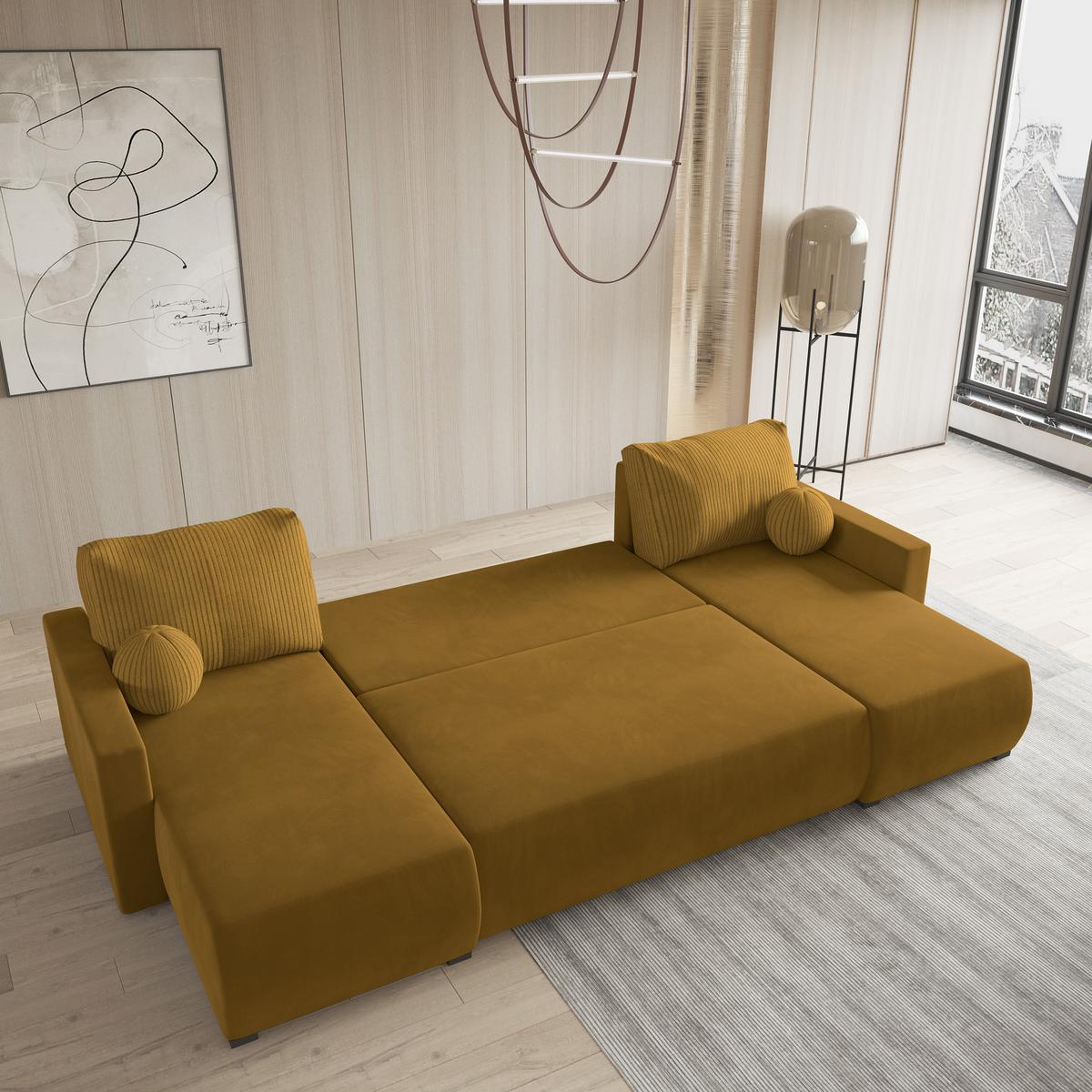 WOHNLANDSCHAFT TESSUN Gelb Plüsch-Stoff mit Schlaffunktion - Gelb, Holz (286/85/143cm) - MASSENO