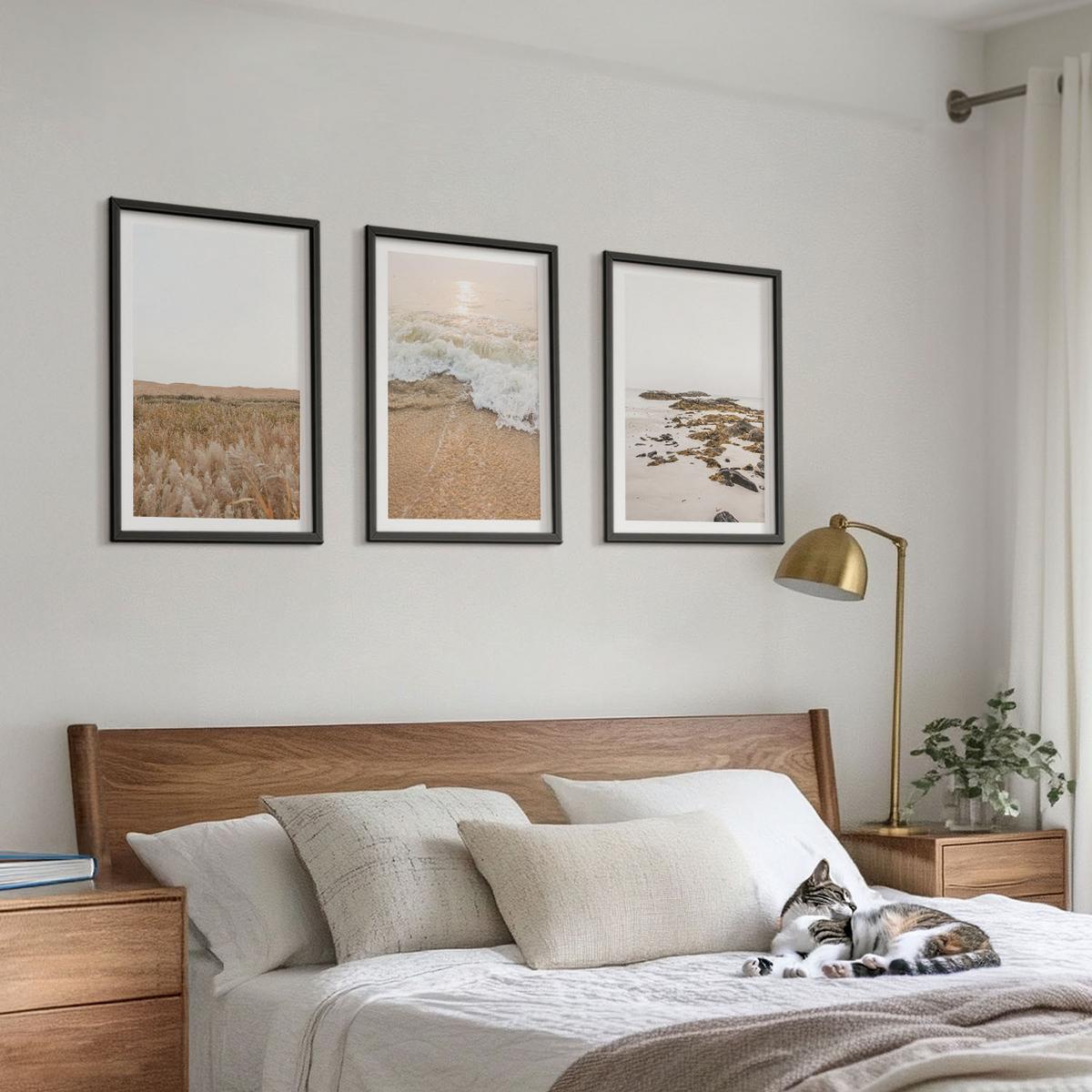 BILDER SET 3er Set - 40x60 cm Schwarzer Rahmen - Strandwellen, Steine, Sommer - Schwarz, Kunststoff (40/60cm) - TULUP