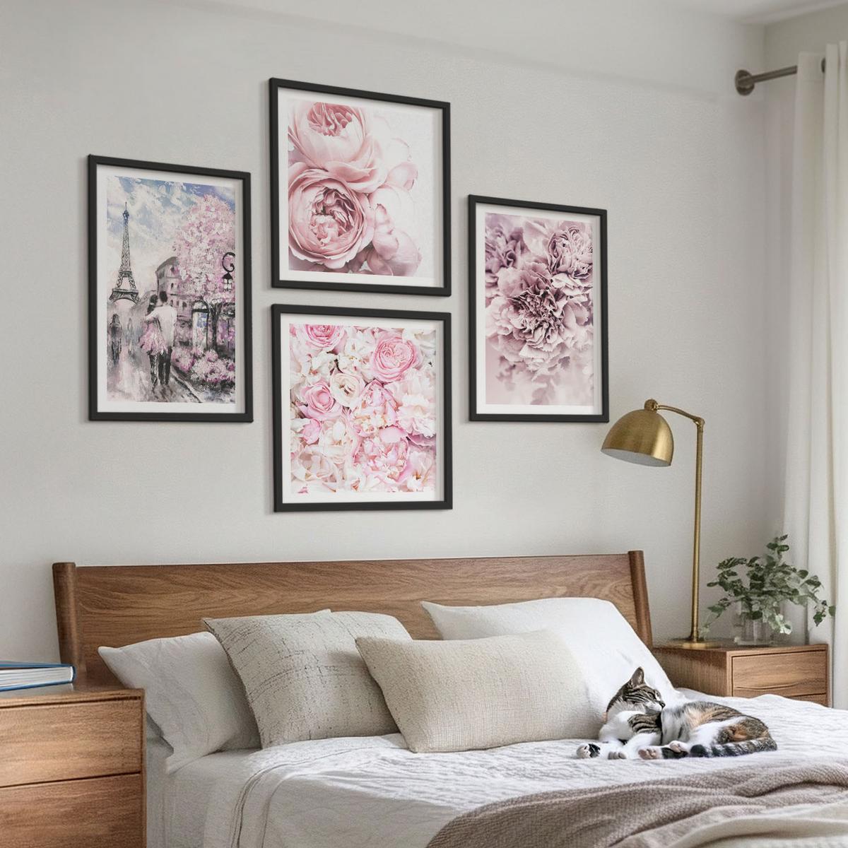 BILDER SET 4er Set - 50x50 cm & 40x60 cm Schwarzer Rahmen - Rosa Blumen, romantische Landschaft - Schwarz, Kunststoff (50/50cm) - TULUP