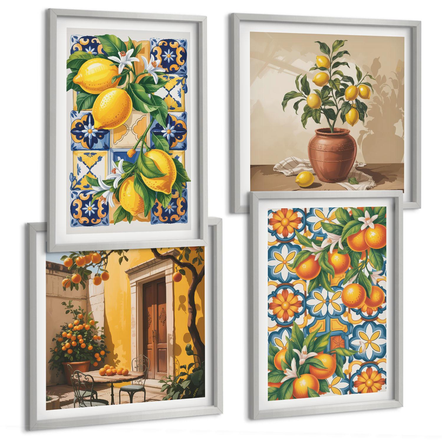 BILDER SET 4er Set - 50x50 cm & 40x60 cm Silberner Rahmen - Zitronenorange Blütenmuster - Silberfarben, Kunststoff (50/50cm) - TULUP