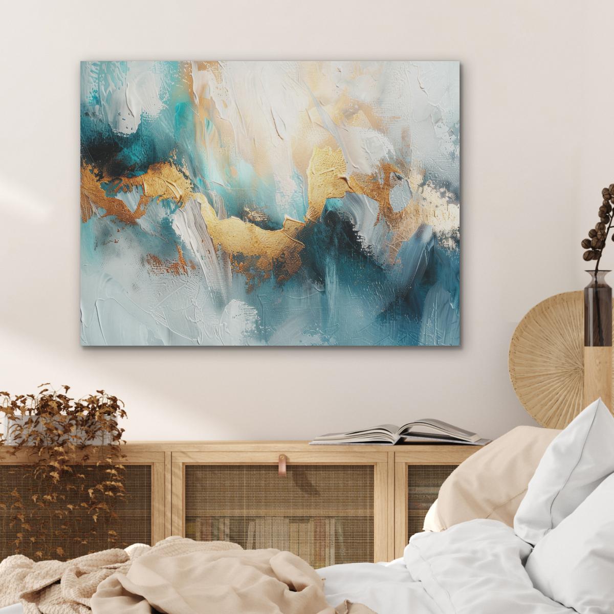 AKUSTIKBILD Abstrakt - Kunst - Gold - Blau Gemälde 80x60 cm - Petrol, Kunststoff (80/60/0.9cm) - MuchoWow