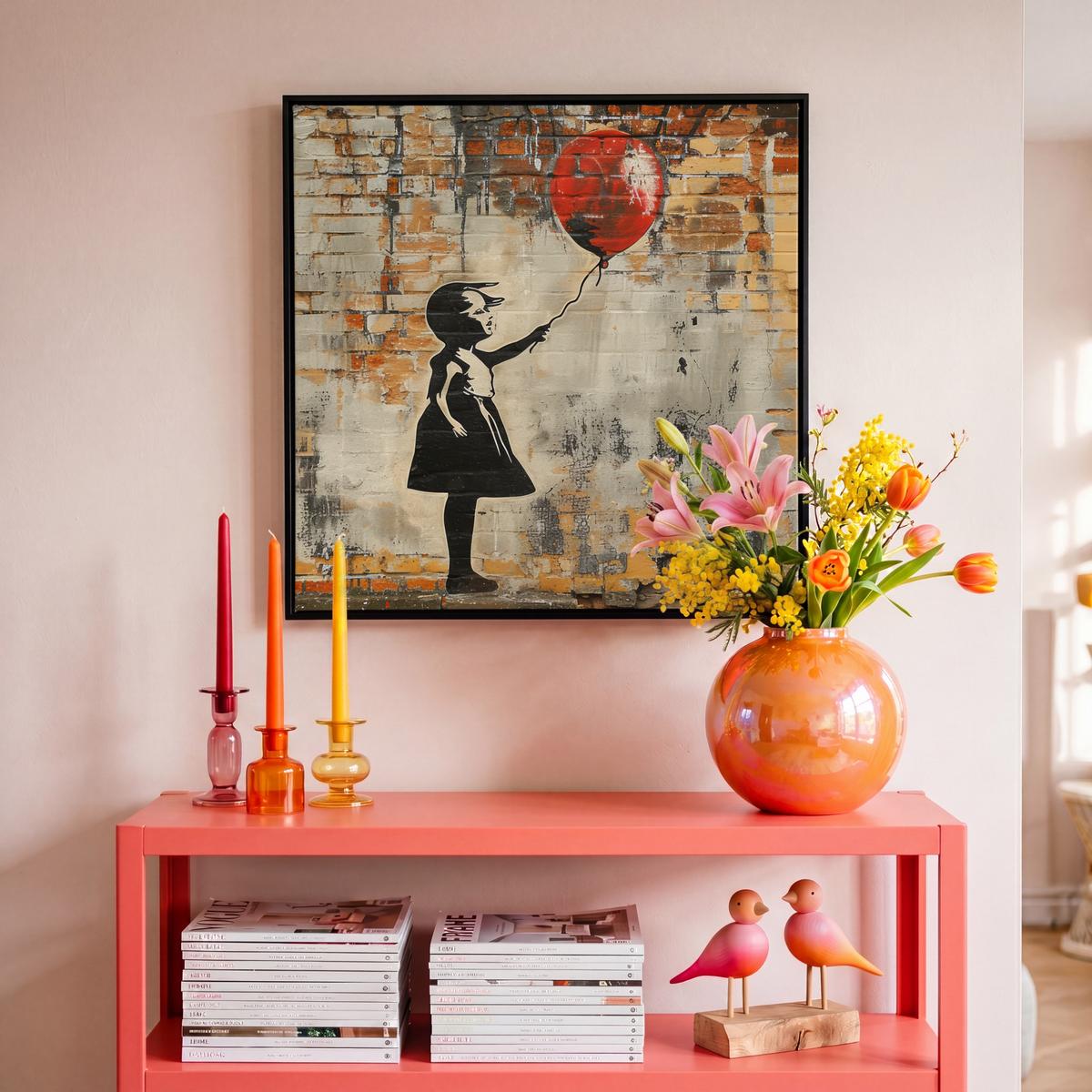 LEINWAND Bilder mit Rahmen - Graffiti - Banksy - Mädchen - Straßenkunst - 50x50 - Sandfarben, Textil (50/50cm) - MuchoWow