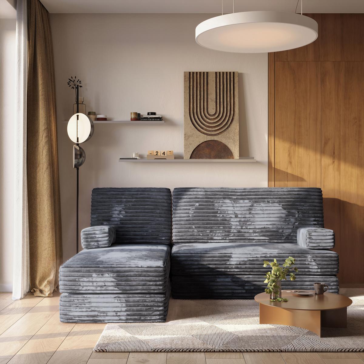 ECKSOFA NOTIA modulares Boneless Sofa mit Schlaffunktion Grau Kordstoff - Dunkelgrau, Textil (200/120cm) - MASSENO