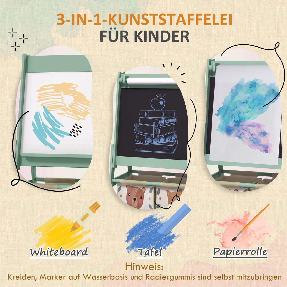 KINDERTAFEL, 3 in 1 Kinder Staffelei, Doppelseitige Standtafel mit Papierrolle - Grün, Holzwerkstoff (46.5/93/54cm) - AIYAPLAY